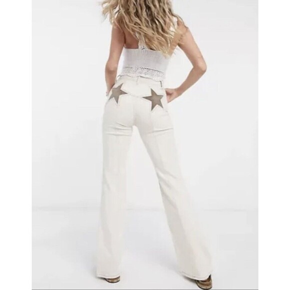 Free People Firecracker High Waist Flare Jeans Ivory Suede Star Sz 31 Boho NWT
